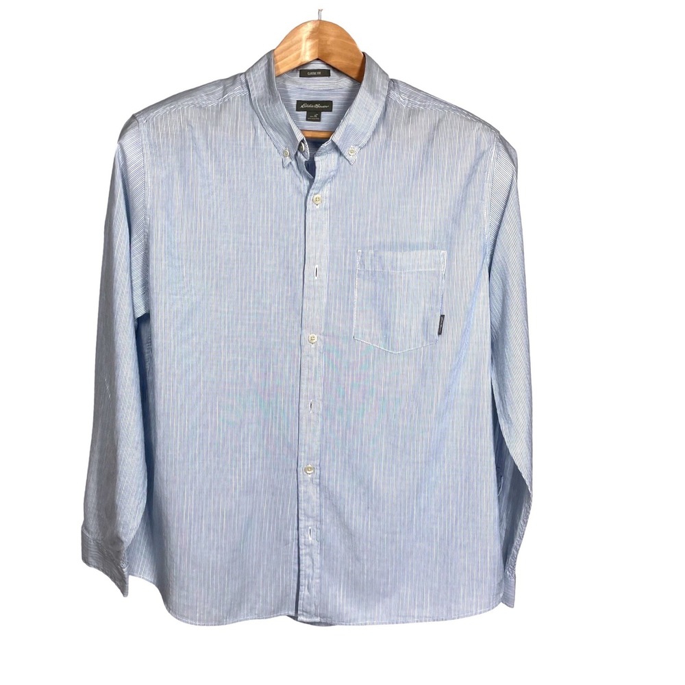 Eddie Bauer Men XL Classic Fit Blue White Pinstripe Button Down Shirt L/S Cotton